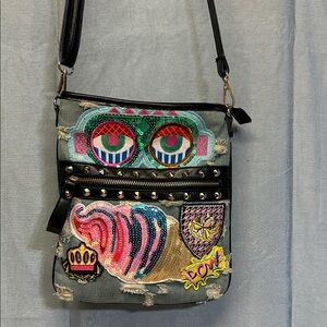 MANOCCHIO Colorful distressed jeans Embroidered Crossbody Bag